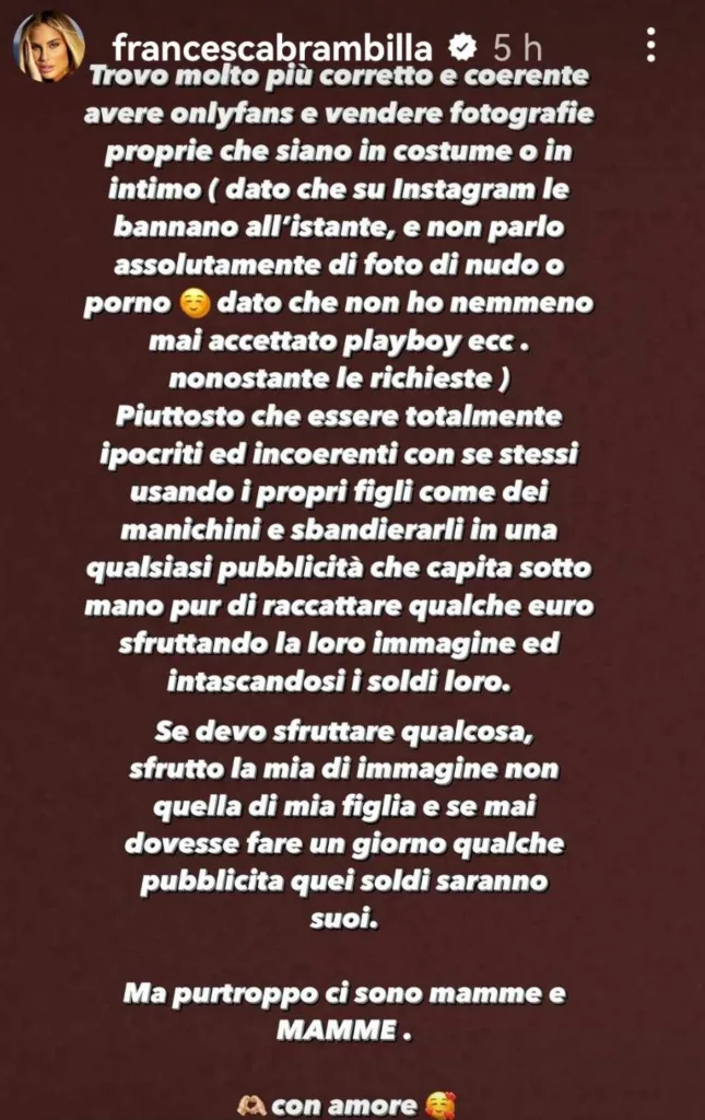 Francesca Brambilla ha risposto alle critiche con una Stories su Instagram