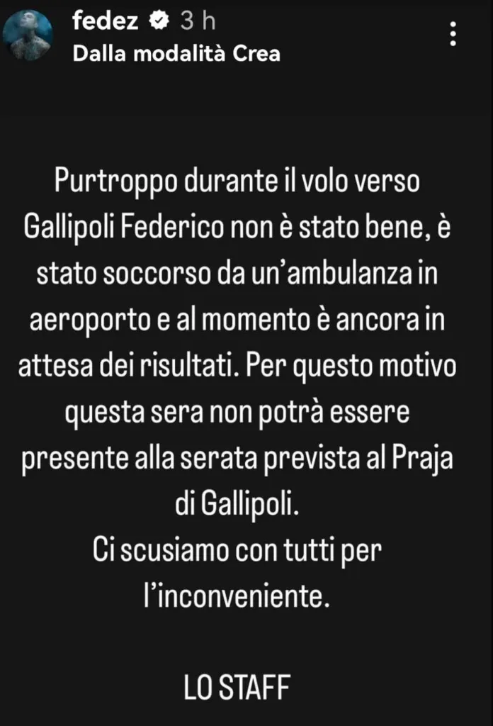 Il comunicato dello staff di Fedez, il rapper doveva esibirsi al Praja di Gallipoli