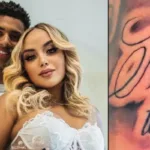 Vinicius Tobias con l'ex, a destra il tatuaggio fatto per la bimba nata da poco