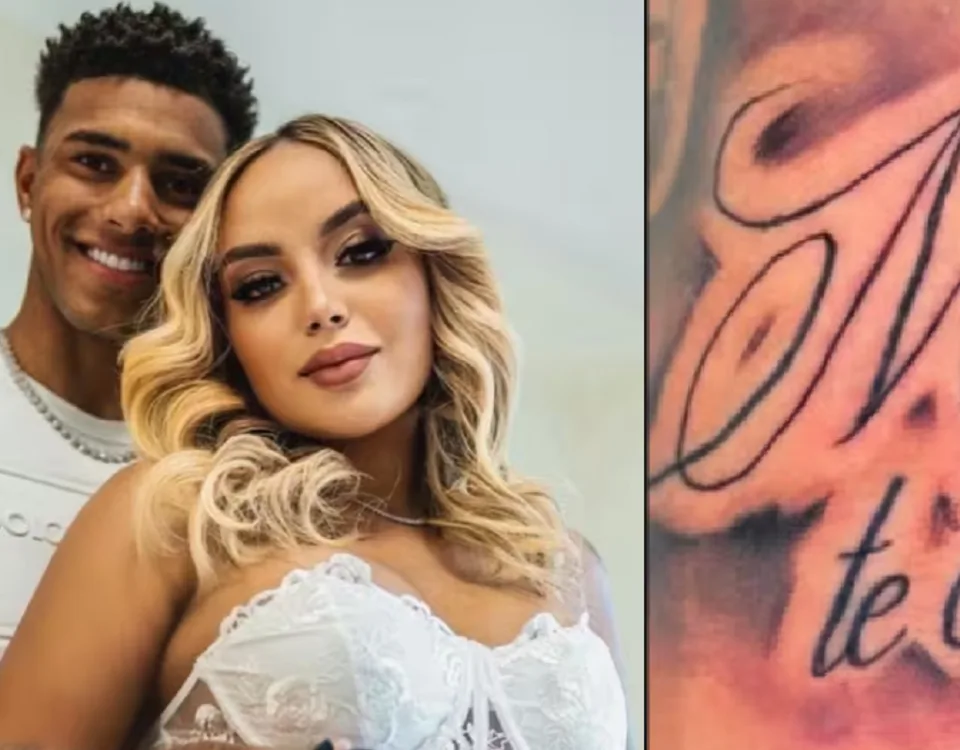 Vinicius Tobias con l'ex, a destra il tatuaggio fatto per la bimba nata da poco