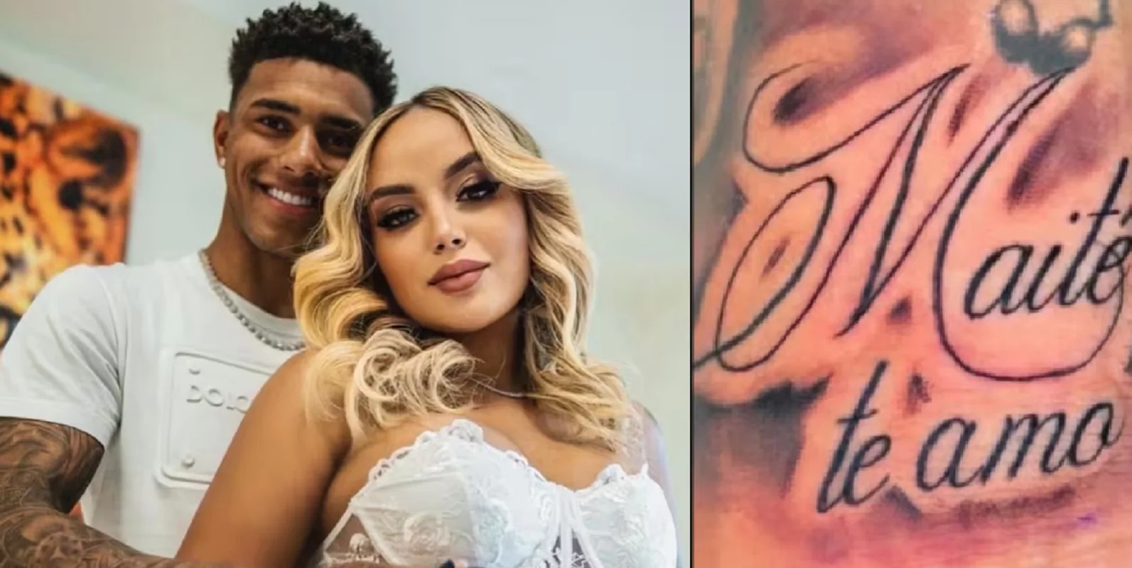 Vinicius Tobias con l'ex, a destra il tatuaggio fatto per la bimba nata da poco