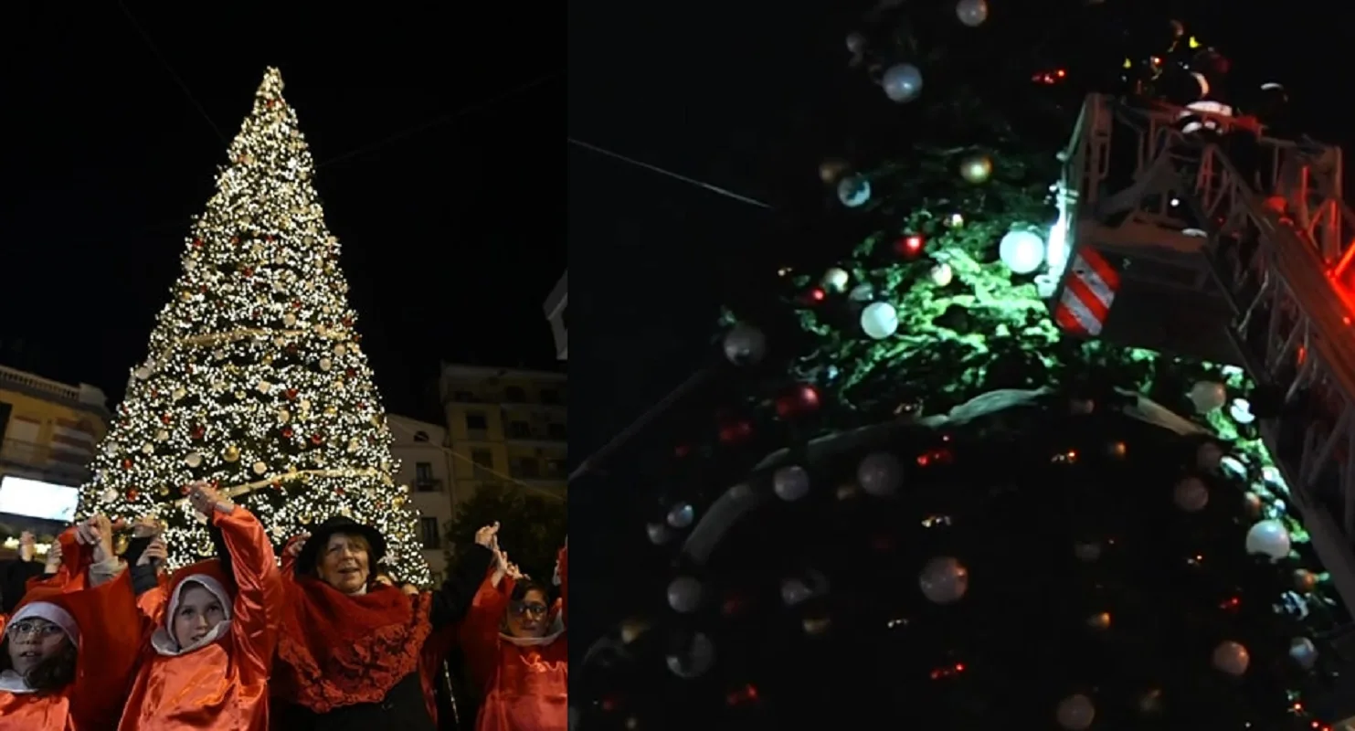 Accensione con polemiche dell'albero di Natale in Piazza Portanova a Salerno