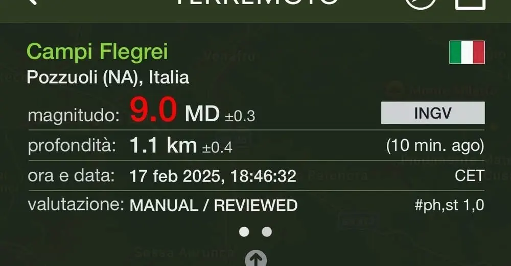 La segnalazione dell'Ingv della scossa di terremoto